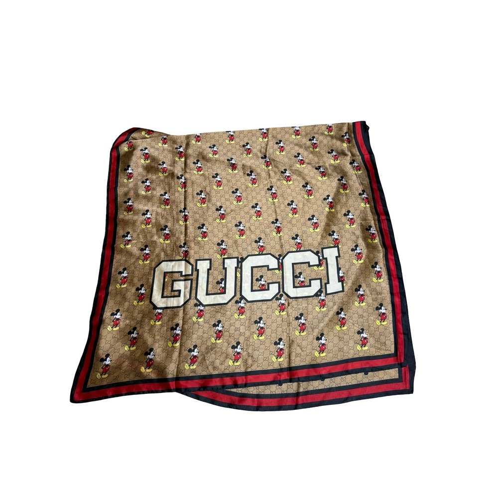 Gucci x Disney Mickey Mouse Silk Scarf GG Monogram Large Shawl Brown 70x30 - Picture 2 of 6